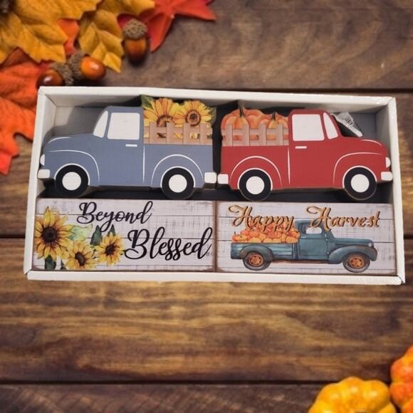 Wooden Fall Harvest Holiday Pick Up Sunflowers Pumpkins Decor Set of 4 - Picture 1 of 3